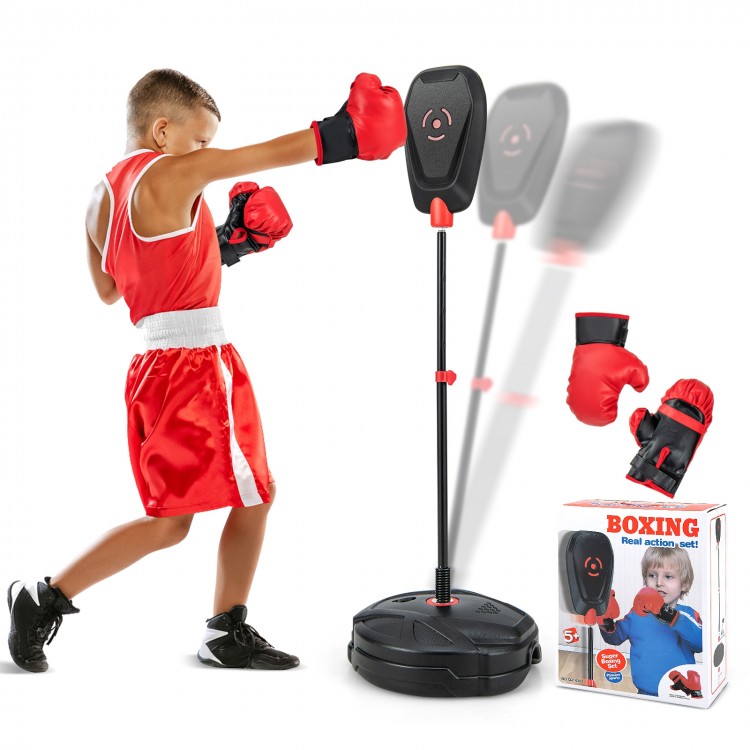 Young boxer training with the inflation-free punching bag and gloves, designed for kids aged 5+, featuring quick.