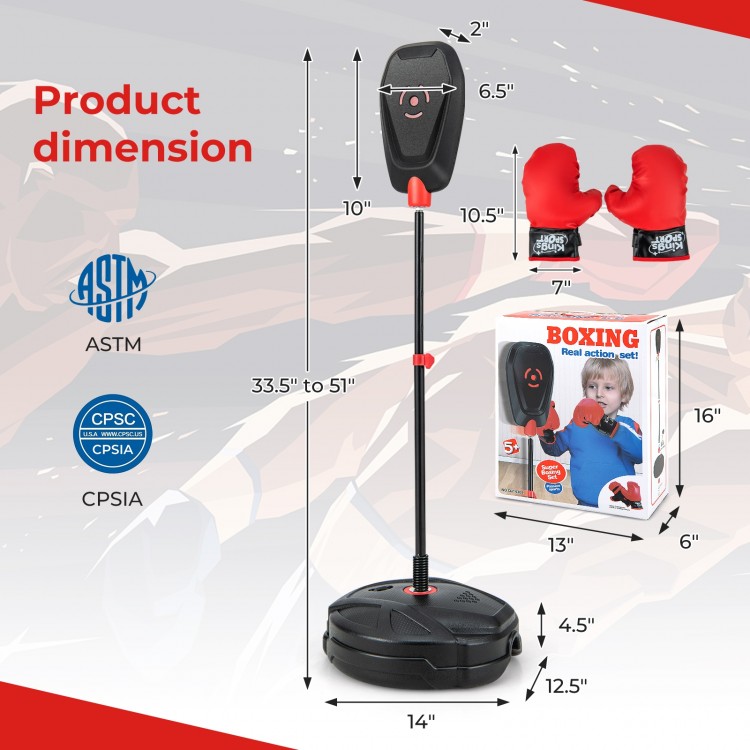 Inflation-free boxing set with adjustable punching bag and gloves, designed for kids aged 5+, featuring quick rebound.