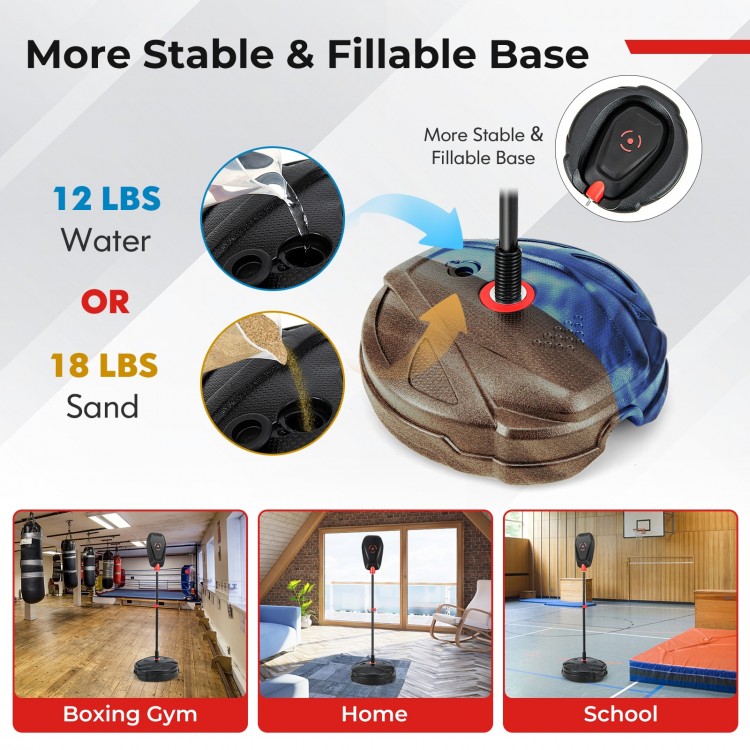 Inflation-free punching bag base with adjustable fill options for stability, suitable for kids' boxing training at home.