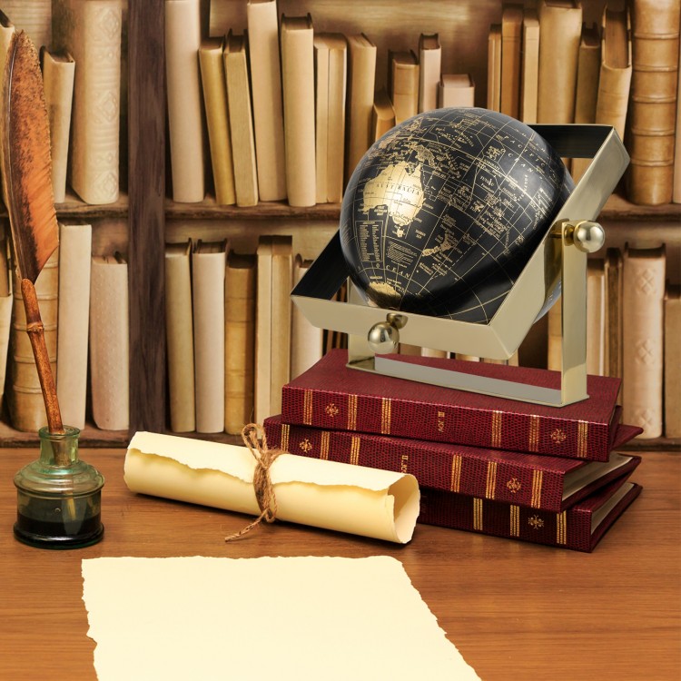 Geographic world globe with a square metal frame, featuring clear printing and 720° rotation, ideal for indoor decor.