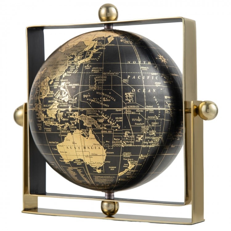 Geographic world globe with clear printing in a square metal frame, perfect for educational use or home decor.