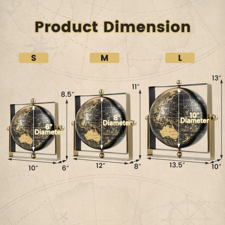 Geographic world globe dimensions showing 6", 8", and 10" sizes with clear printing and stable metal frames.
