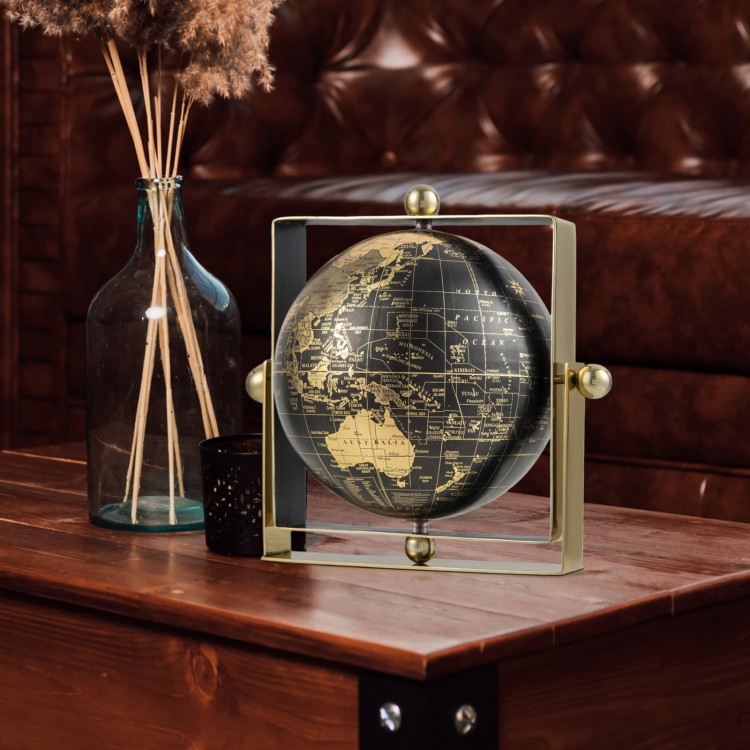 Geographic world globe in a square frame, featuring clear printing and 720° rotation, ideal for educational decor.