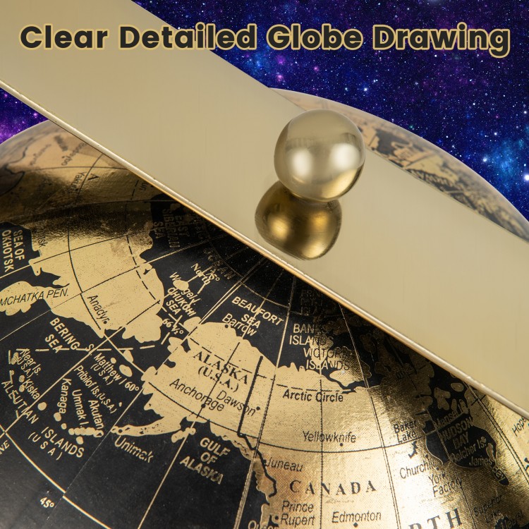 Geographic world globe with clear detailed drawing, gold accents, and stable metal base for elegant indoor decor.