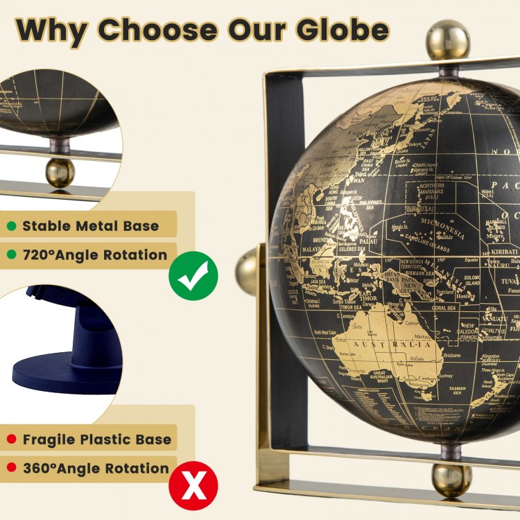 Geographic world globe with a stable metal base, 720° rotation, and clear printing for educational use in any indoor.