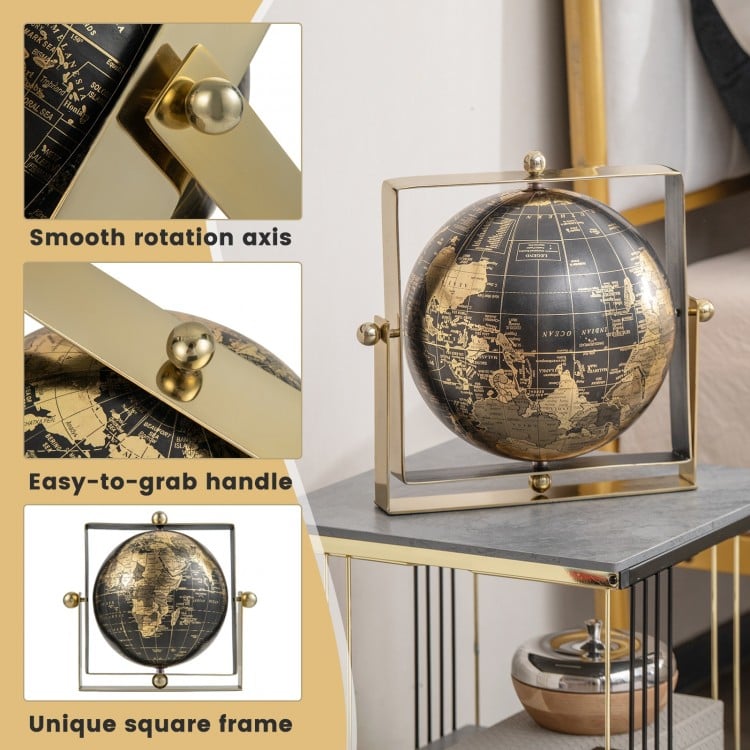 Geographic world globe with square frame, 720° rotation, and clear printing, perfect for home or educational use.