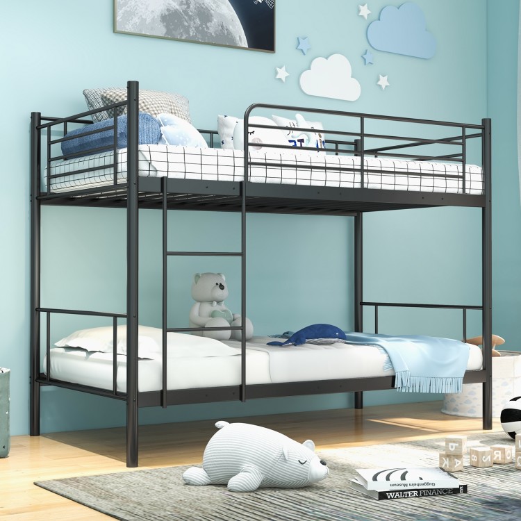 Black metal bunk bed with full-length guardrails and integrated ladder, perfect for maximizing space in children's.