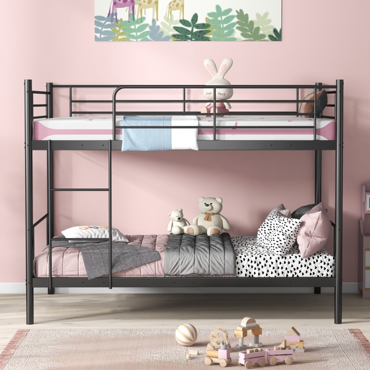 Black metal bunk bed with ladder and guardrails, featuring heavy-duty slats and under-bed storage for kids' rooms.