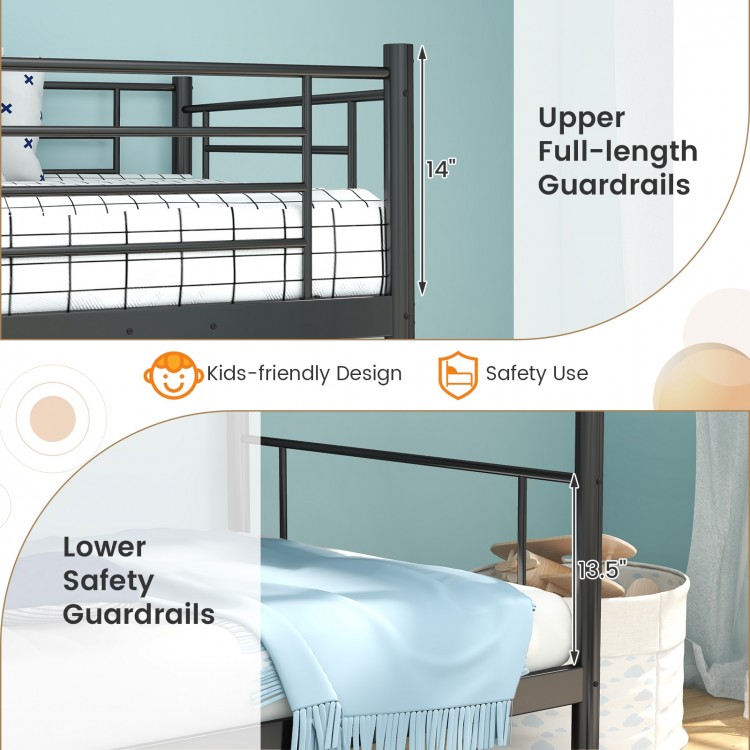 Upper full-length guardrails of the black metal bunk bed for safety, featuring a sturdy design and integrated ladder.