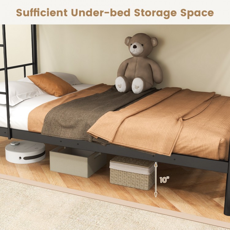 Metal bunk bed with under-bed storage space, featuring a black finish and safety guardrails for stability and safety.