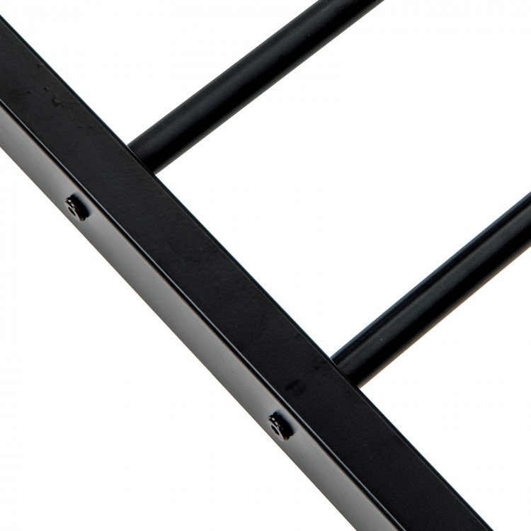 Close-up of the black metal bunk bed ladder, featuring a sturdy design and safety guardrails for secure access.