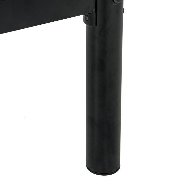 Close-up of the black metal leg of a bunk bed, featuring a sturdy design with non-slip foot pads for stability.