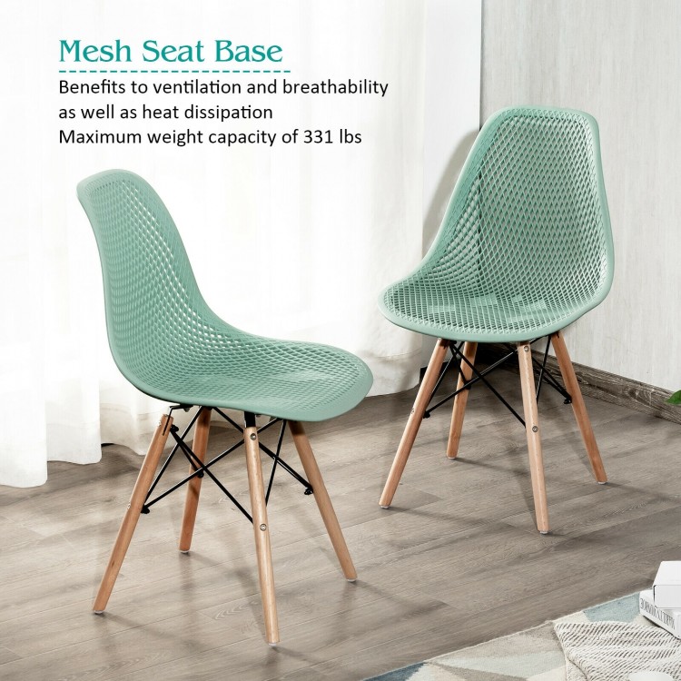Green plastic hollow chair set with wood legs, featuring a breathable mesh seat and 331 lbs weight capacity.