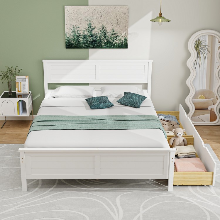 Full size bed frame in white with two large pull-out drawers on the side, offering stylish storage solutions for any.