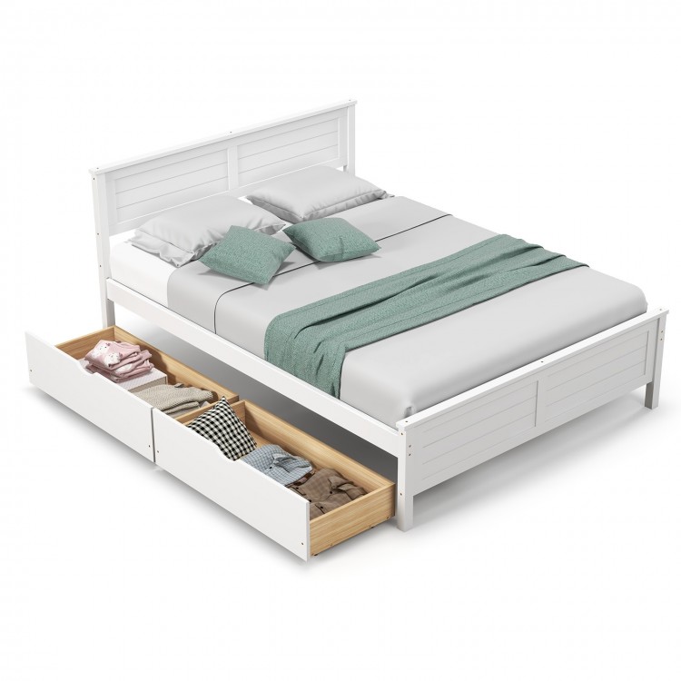 Full size bed frame in white with solid wood headboard and two large storage drawers for efficient bedroom organization.