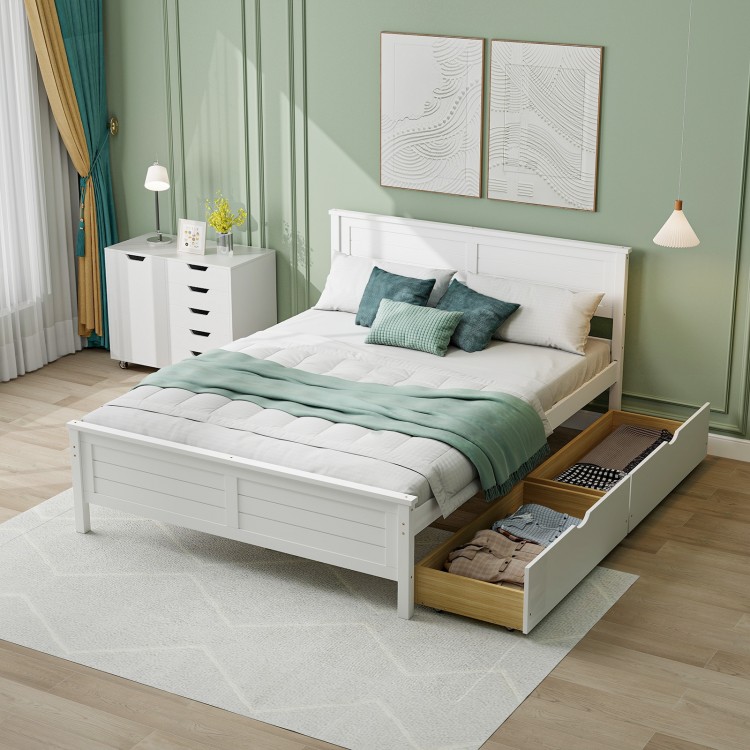 Full size bed frame in white with solid wood headboard and two large storage drawers for efficient space-saving.