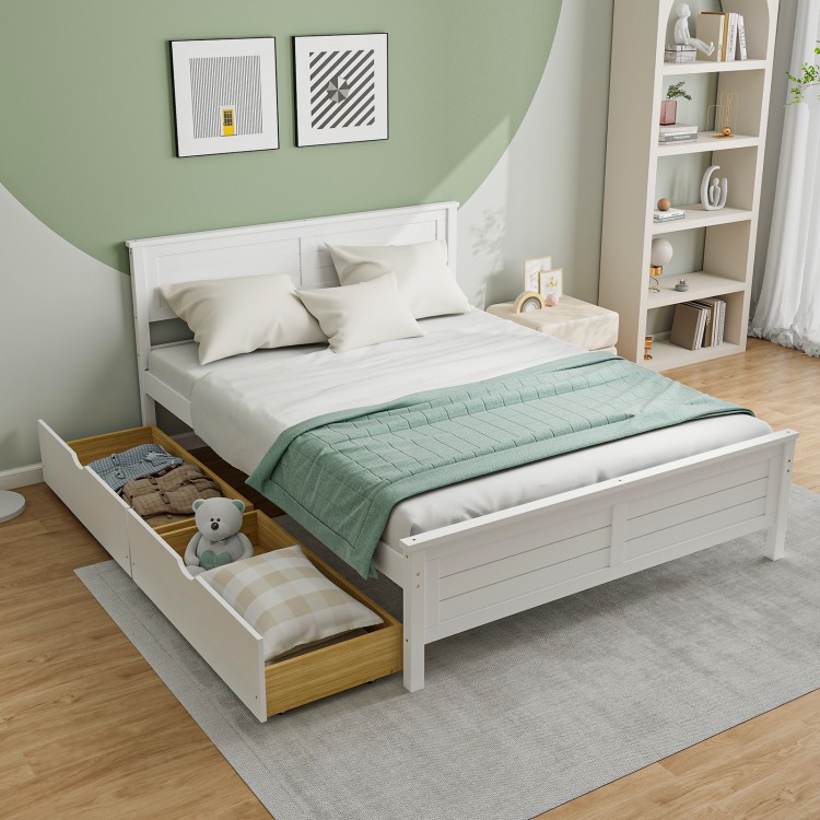Full size bed frame in white with solid wood headboard and two pull-out storage drawers for added convenience.