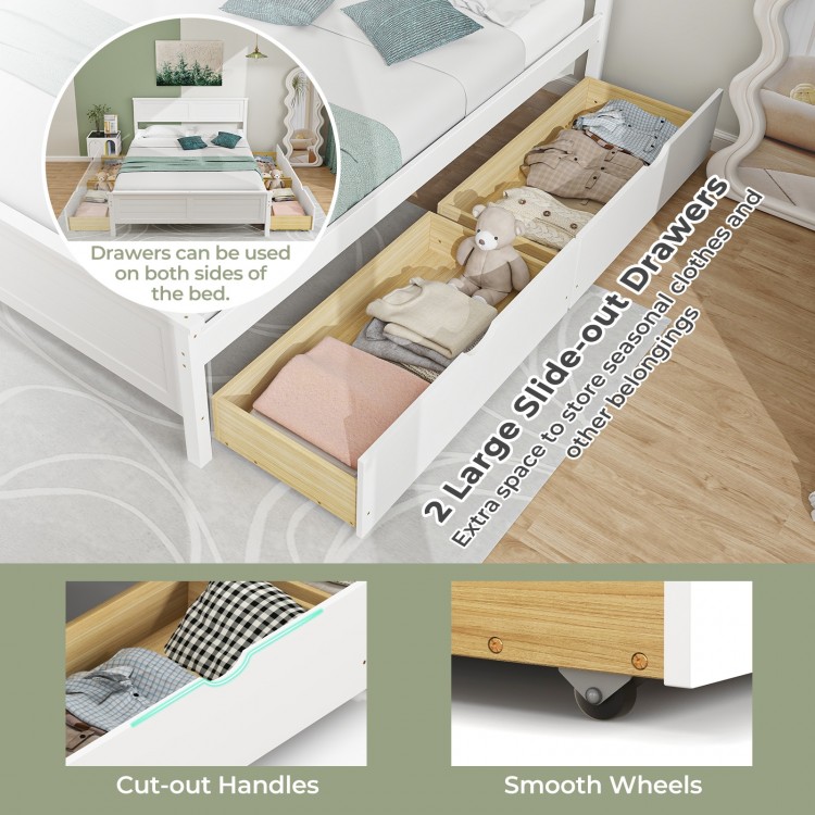 Full size bed frame with two large pull-out storage drawers, featuring cut-out handles and smooth wheels for easy.