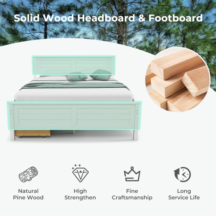 Full size bed frame with solid wood headboard and footboard, featuring large storage drawers for added convenience.