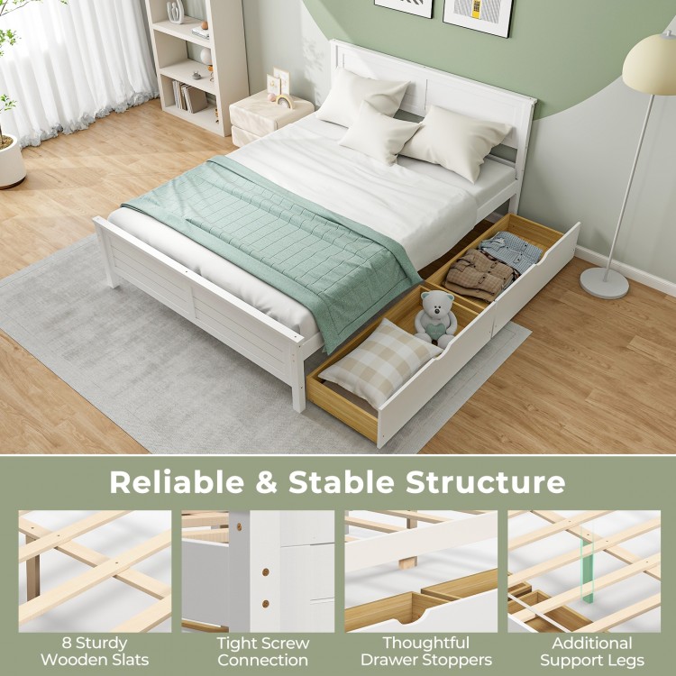 Full size bed frame in white with solid wood headboard, featuring two large storage drawers for added convenience.
