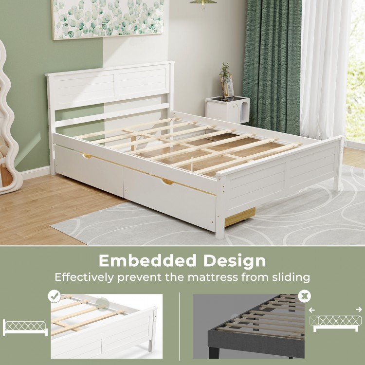 Full size bed frame in white with solid wood headboard, featuring storage drawers and embedded design to prevent.