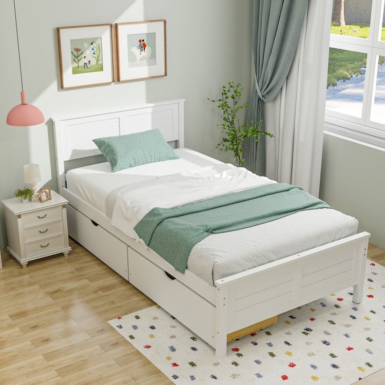 Twin size bed frame in white with storage drawers, featuring a solid wood headboard, ideal for small spaces.