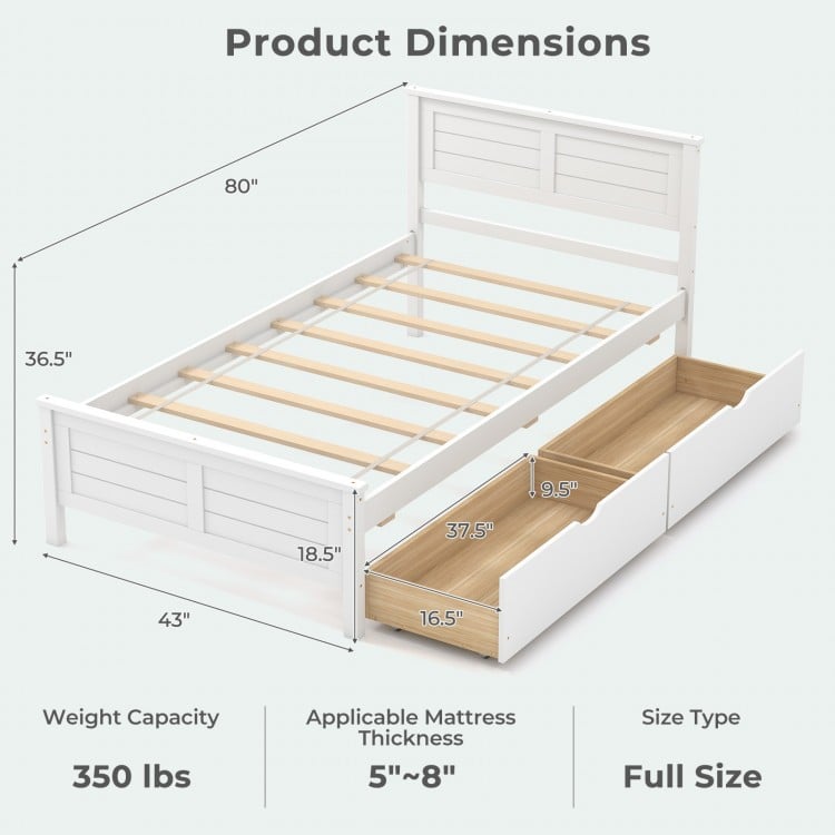 Twin size bed frame in white with storage drawers, featuring a solid wood headboard and a weight capacity of 350 lbs.