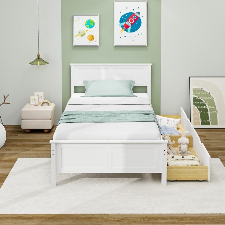 Twin size bed frame in white with storage drawers, featuring a solid wood headboard, perfect for small spaces.