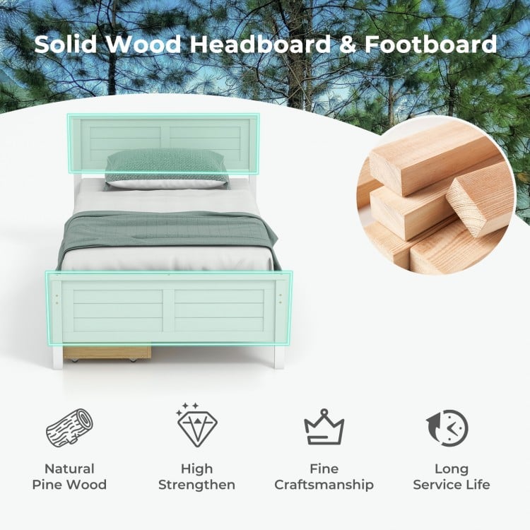 Twin size bed frame with solid wood headboard and footboard, featuring large pull-out storage drawers for added.