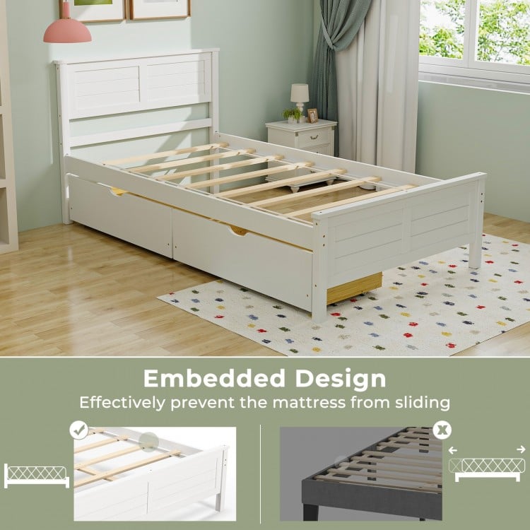 Twin size bed frame in white with storage drawers, featuring an embedded design to prevent mattress sliding.