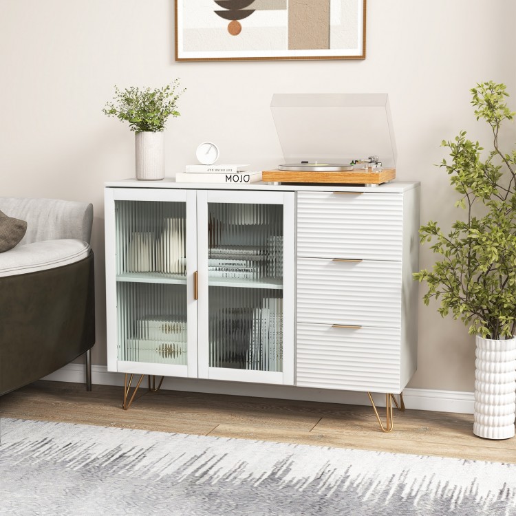 Modern sideboard buffet cabinet in white with glass doors, 2 shelves, and 3 drawers, perfect for living or dining room.