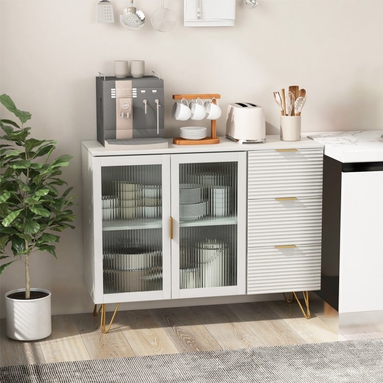 Modern sideboard buffet cabinet in white with gold legs, featuring 2 doors and 3 drawers for organized storage.