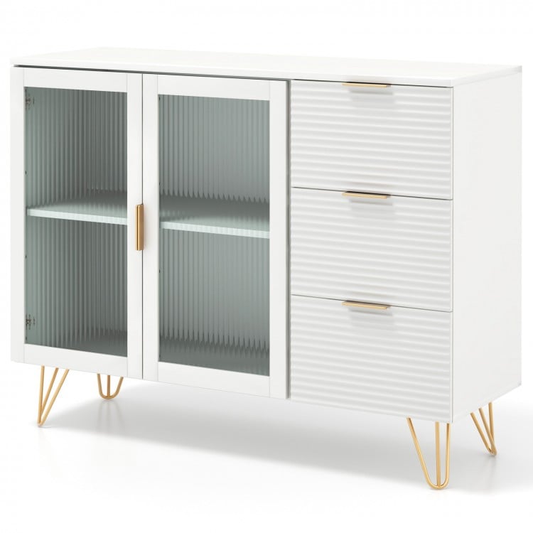 Modern sideboard buffet cabinet in white with gold legs, featuring 2 glass doors and 3 drawers for stylish storage.