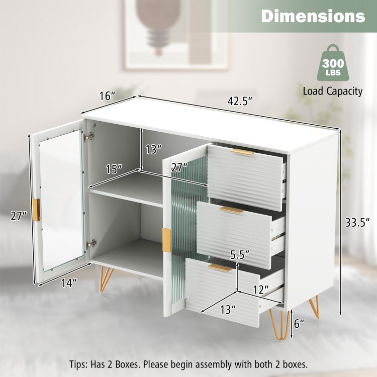Dimensions of the Modern Sideboard Buffet Cabinet with 2 doors and 3 drawers, showcasing its ample storage and sleek.