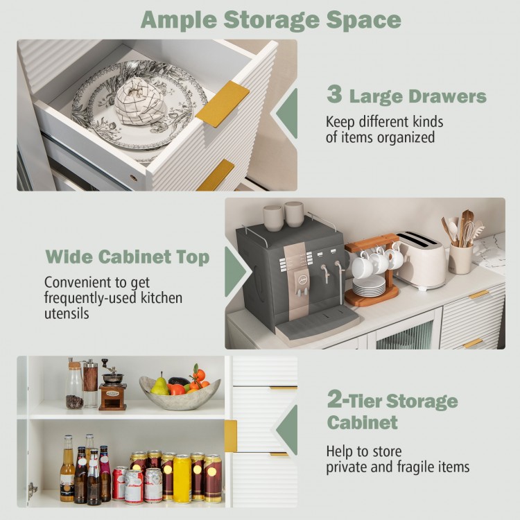 Modern sideboard buffet cabinet with 3 drawers and 2-tier storage, featuring a white finish and gold legs for stylish.