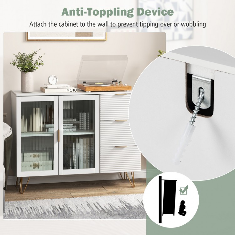 Modern sideboard buffet cabinet in white with 2 doors and 3 drawers, featuring an anti-tipping device for safety.