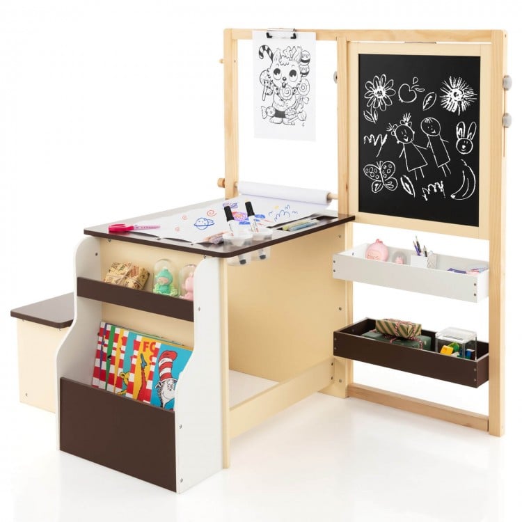 Kids art center wooden table and bench set in brown with storage, double-sided easel, and adjustable height for.