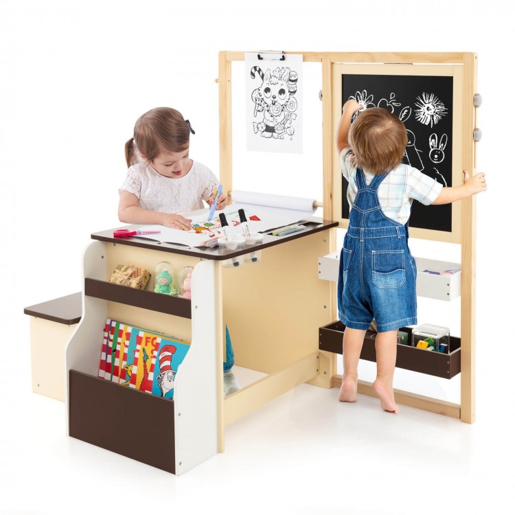 Kids Art Center Wooden Table Bench Set in brown, featuring a double-sided easel and ample storage for art supplies.