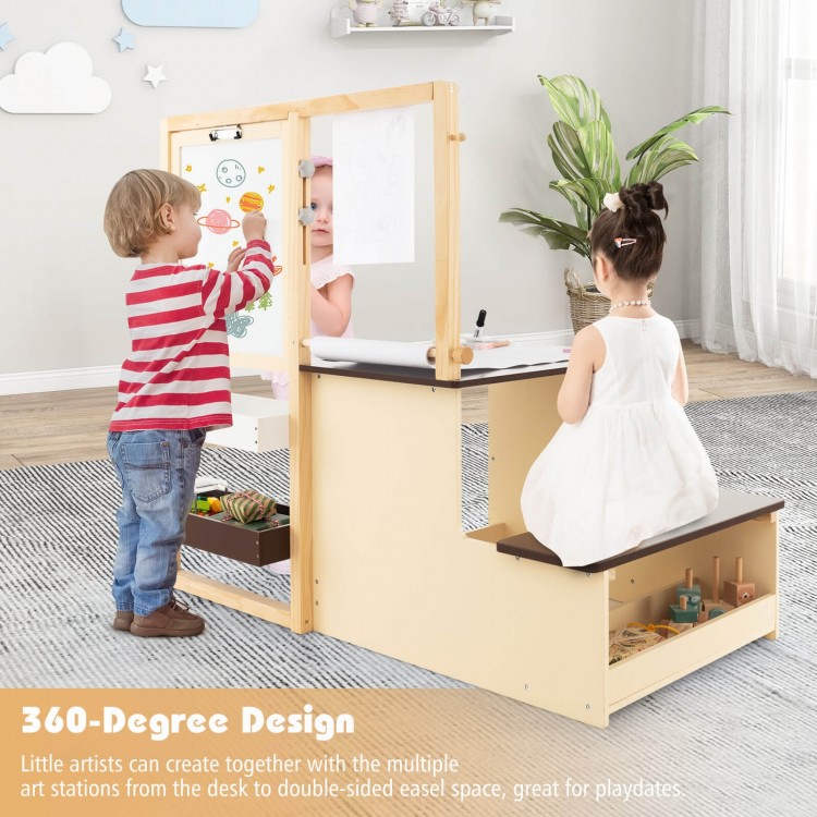 Kids art center wooden table bench set with double-sided easel, storage trays, and adjustable height for creative play.