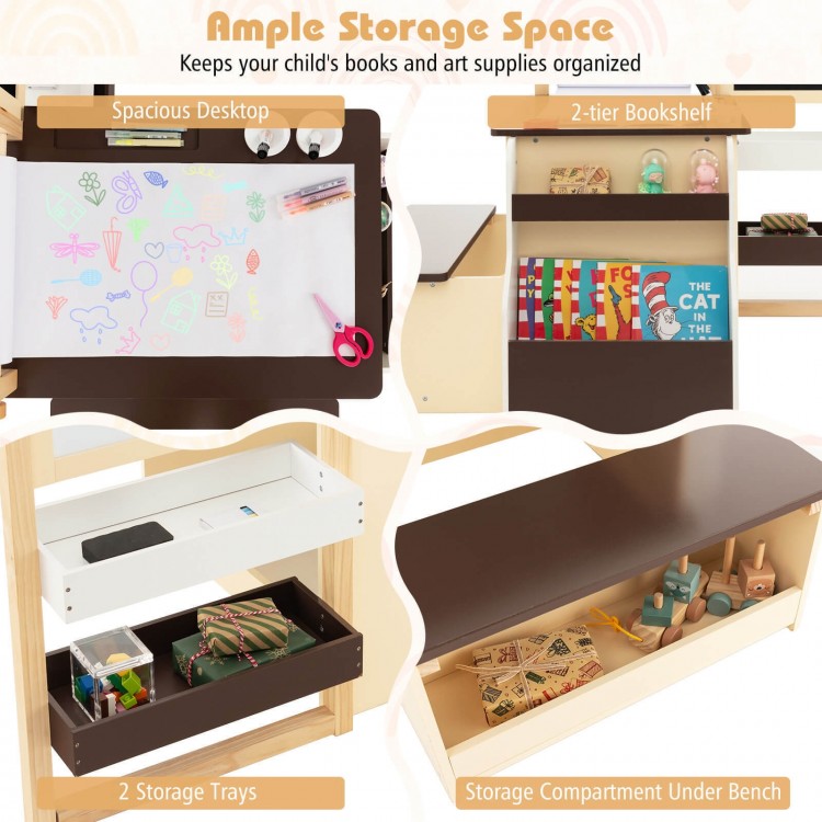 Kids art center wooden table bench set featuring ample storage with two trays, a bookshelf, and a reversible whiteboard.