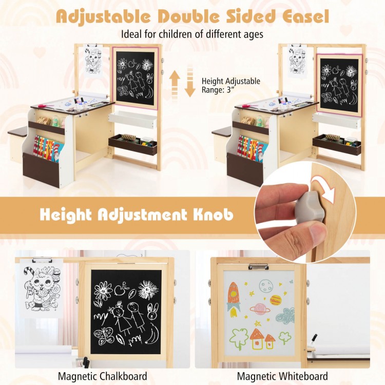 Double-sided adjustable easel with magnetic chalkboard and whiteboard, perfect for kids' art and learning activities.