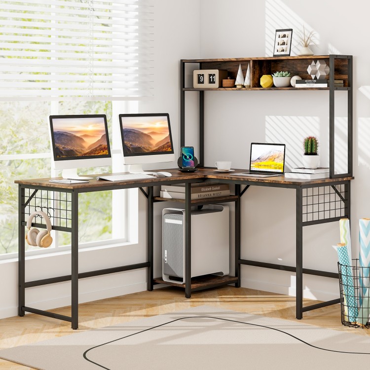 L-shaped desk in rustic brown with hutch, power outlet, and ample space for work, gaming, or writing.