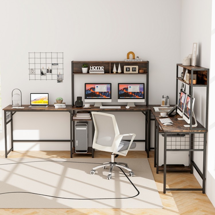 L-shaped desk in rustic brown with power outlet hutch, ample workspace, and sturdy metal construction for versatile use.