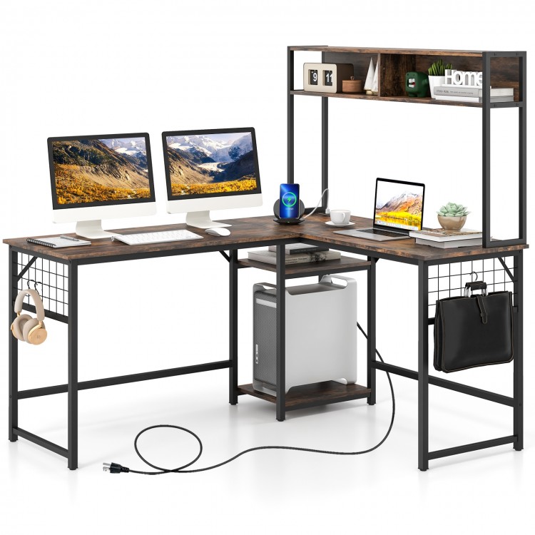 L-shaped desk in rustic brown with hutch, power outlet, and hooks for headphones, ideal for home office setup.