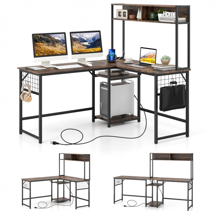 L-shaped desk in rustic brown with hutch, power outlet, and removable hooks for versatile office use.