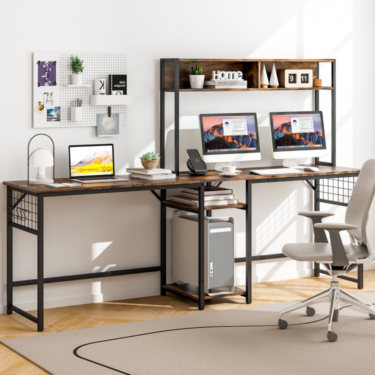 L-shaped desk in rustic brown with power outlet hutch, ample workspace, and removable hooks for versatile office use.