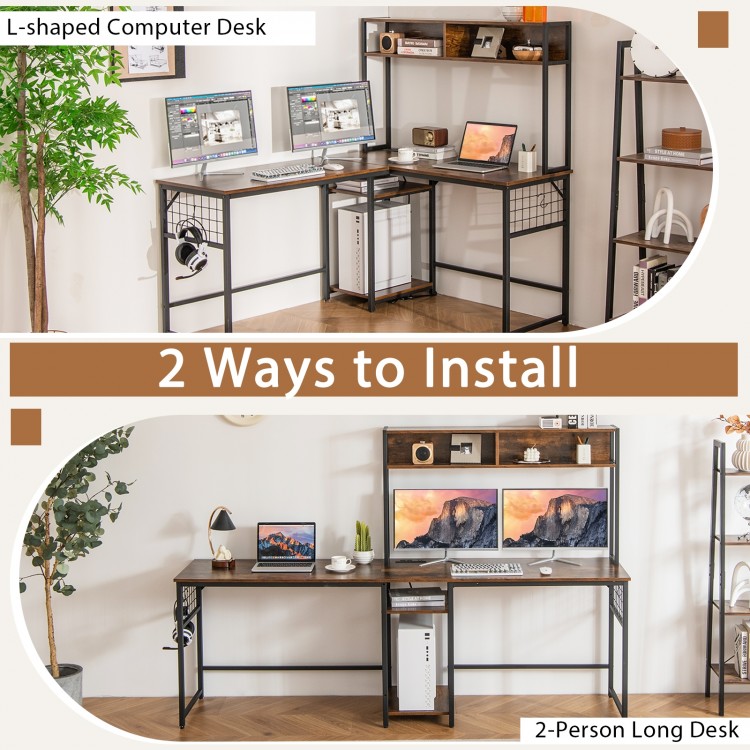 L-shaped desk with rustic brown finish, featuring a hutch and power outlet for versatile office layouts and ample.