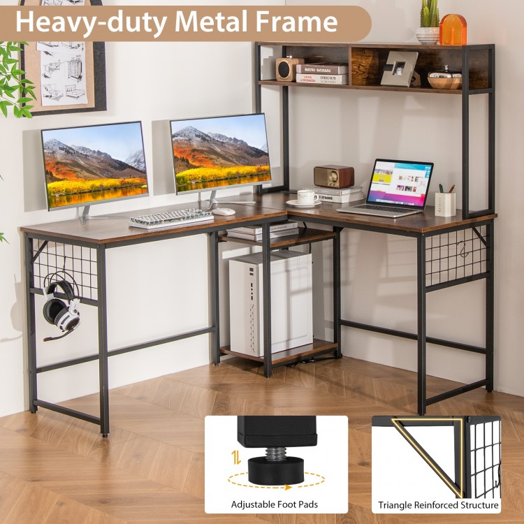 L-shaped desk in rustic brown with power outlet hutch, adjustable foot pads, and sturdy metal frame for versatile use.