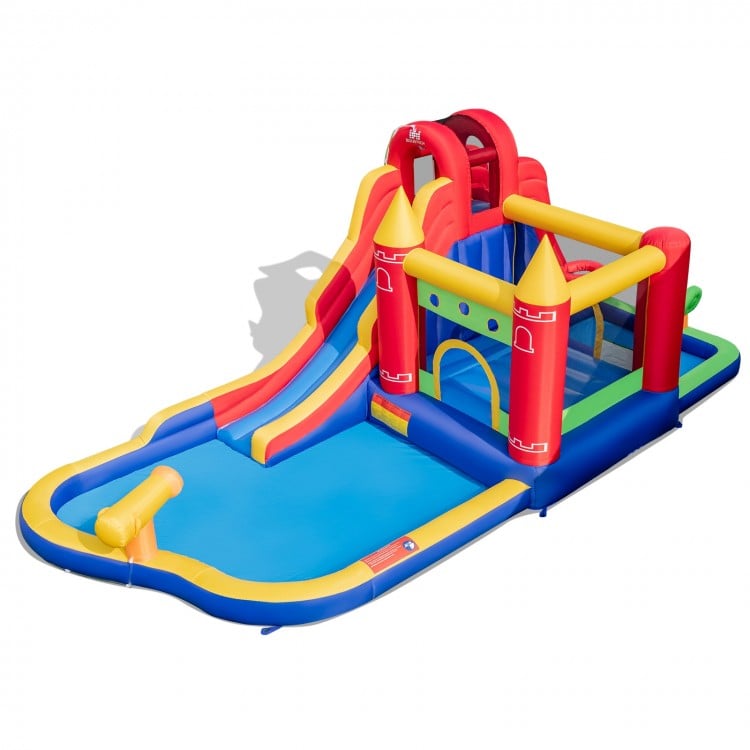 Colorful 9-in-1 inflatable bounce castle with water slide, splash pool, and ball pit for wet and dry fun.