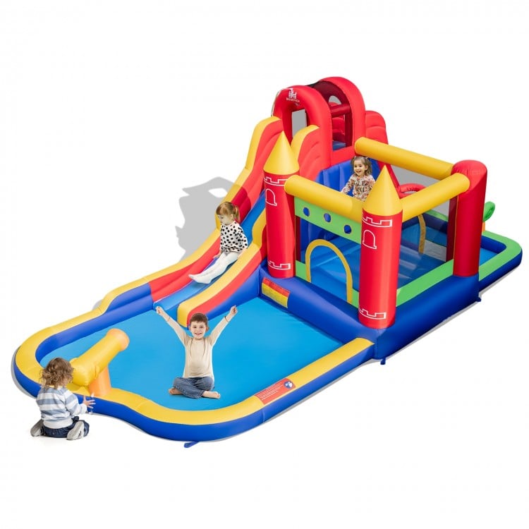 Inflatable bounce castle with water slide, splash pool, and ball pit, featuring safety handrails and colorful ocean.